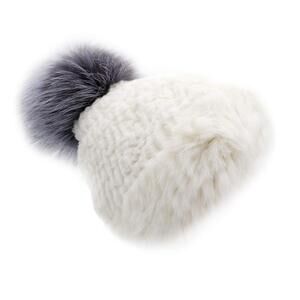 8894 Long Haired Rabbit Textile Knit Beanie with Fox Fur Pom - Ski Style